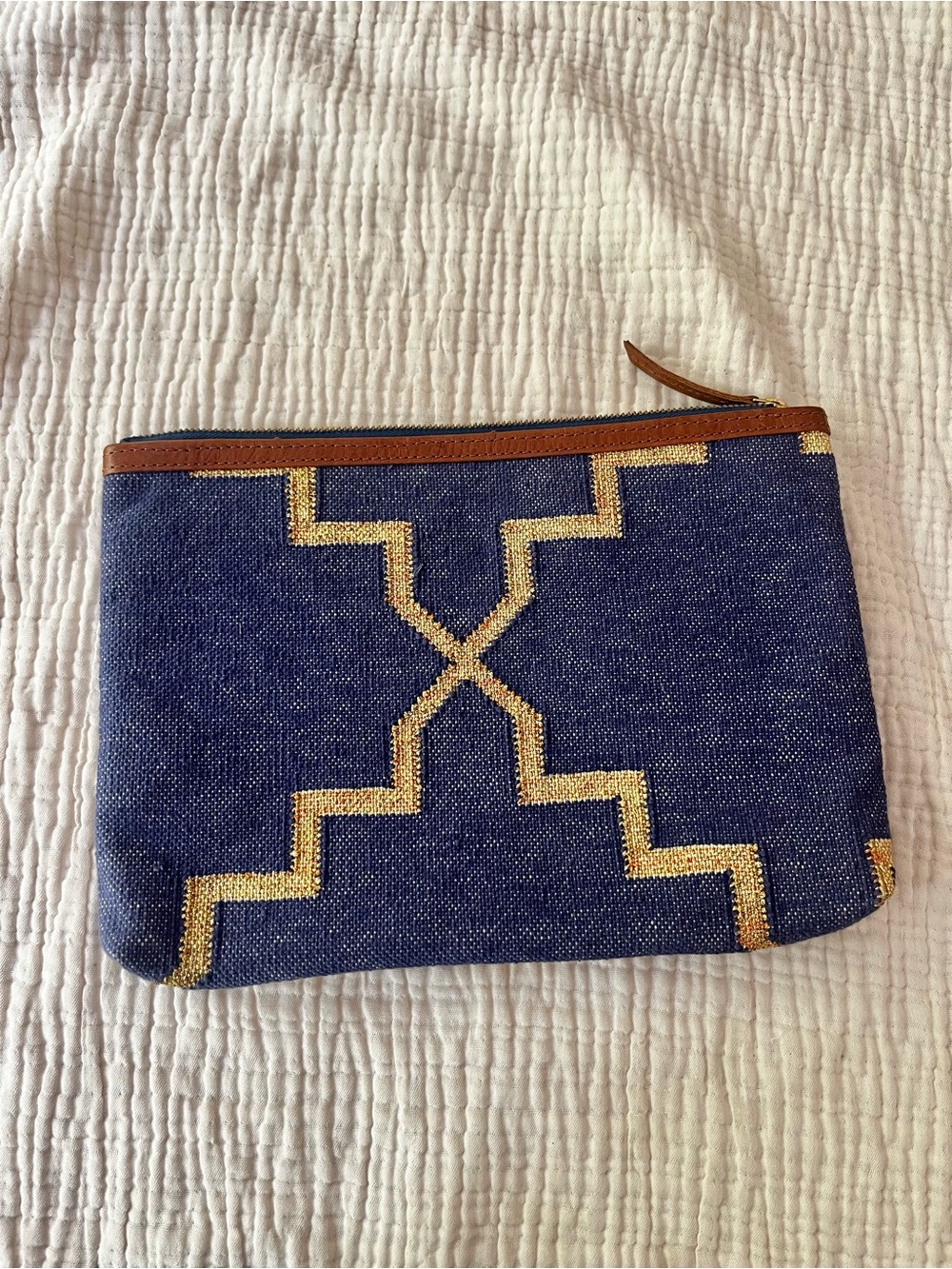 Roller Rabbit Geometric Indigo Blue & Gold Zipper Clutch Pouch
